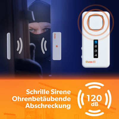 tiiwee Home Alarm System Wireless Kit X1 - Komplette Alarmanlage mit X1-Sirene, 2 Fenster Tür Sensoren und 2 Fernbedienungen - Fensteralarm Türalarm