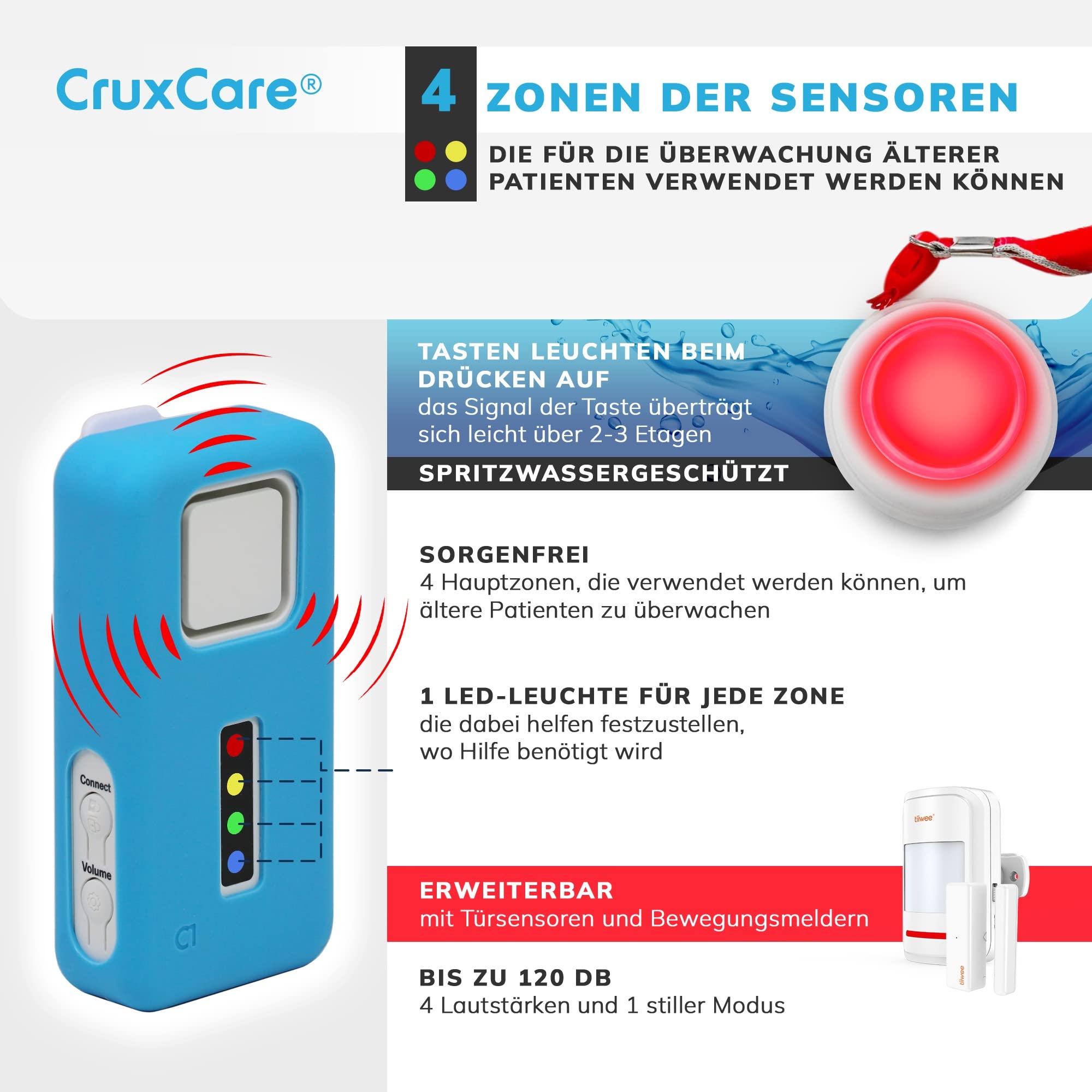 CruxCare C1 Pager mit 2 Ruftasten - Notrufknopf für Senioren mit Piepser - 2 Notruftasten & 1 Funkempfänger - Hausnotruf intern