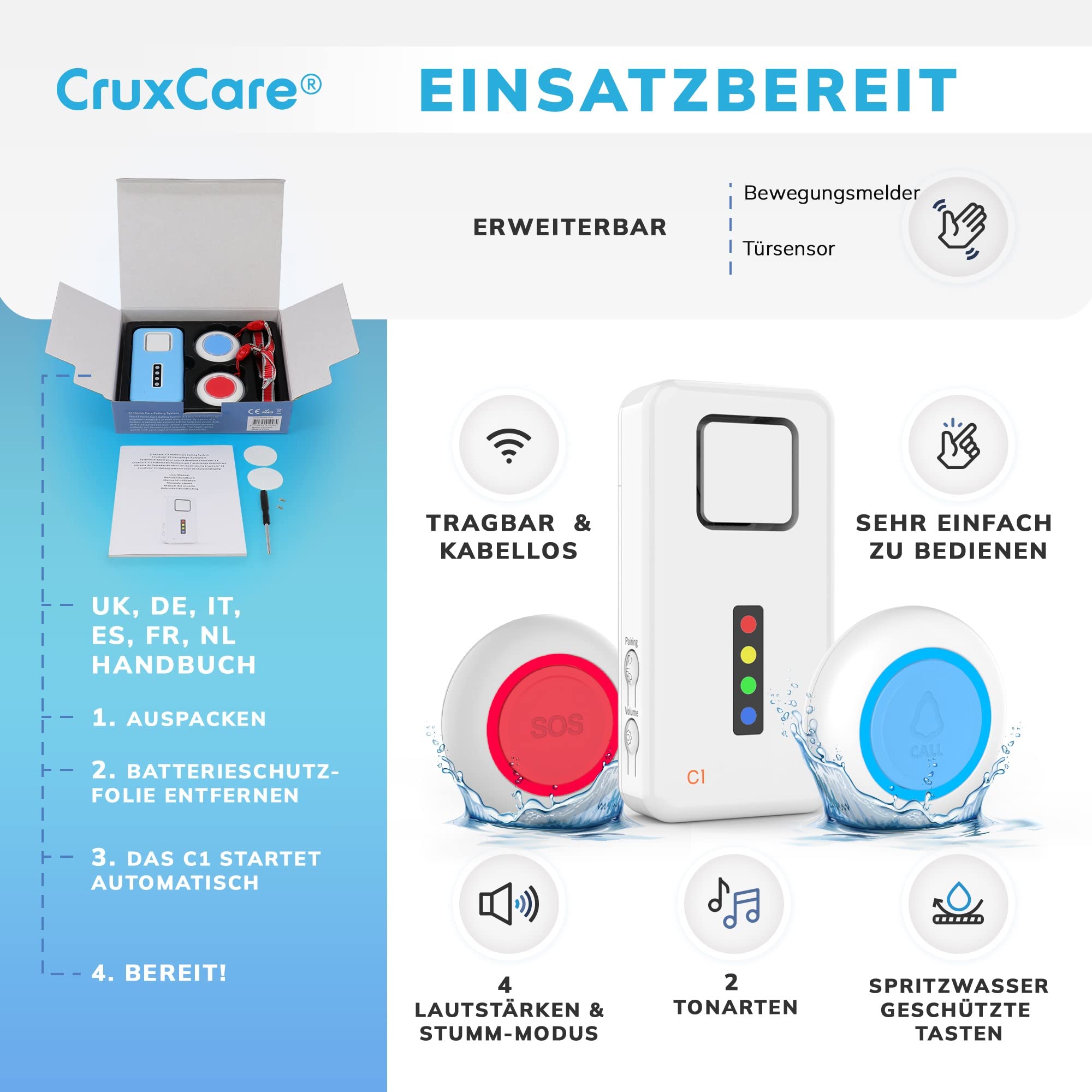 CruxCare C1 Pager mit 2 Ruftasten - Notrufknopf für Senioren mit Piepser - 2 Notruftasten & 1 Funkempfänger - Hausnotruf intern
