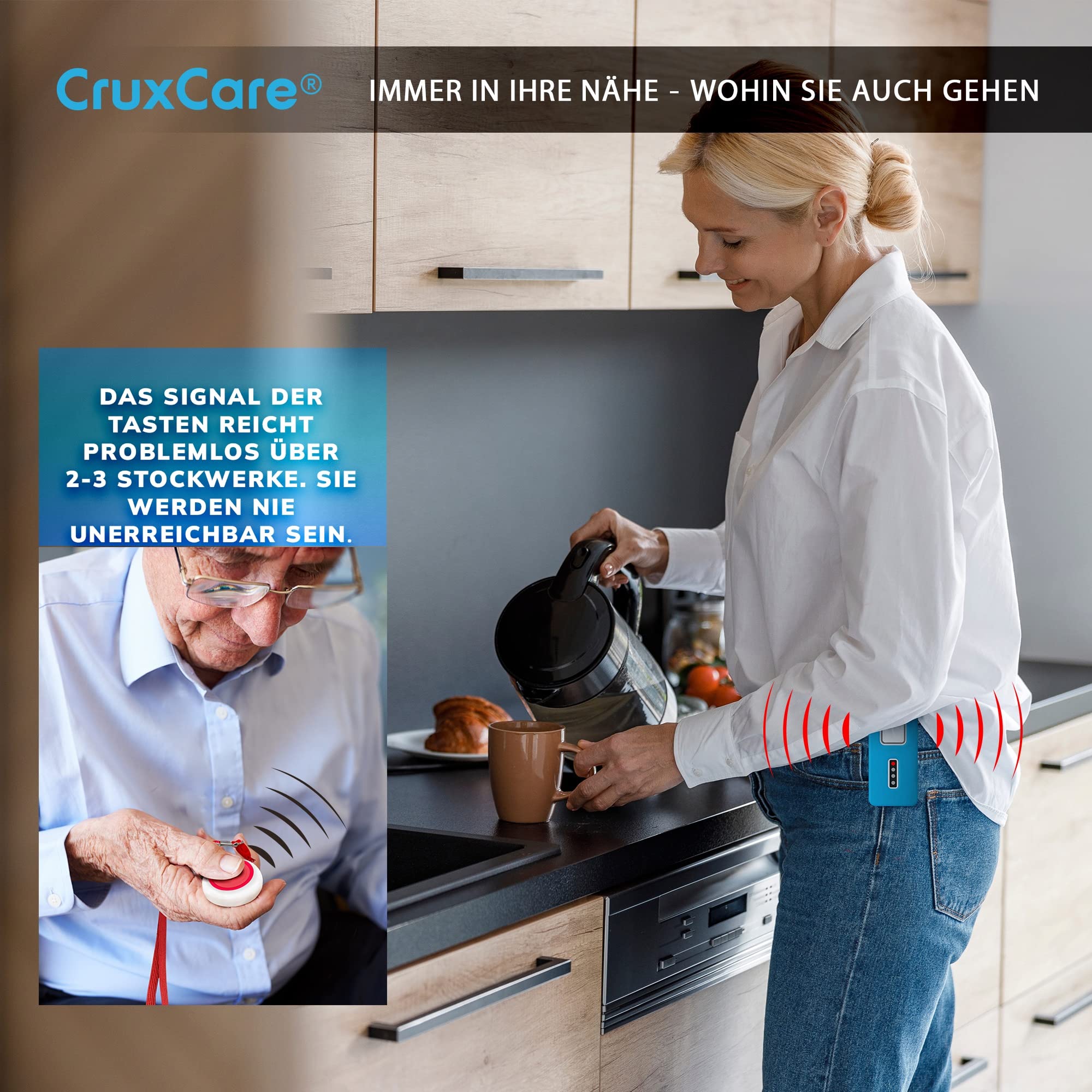 CruxCare C1 Pager mit 2 Ruftasten - Notrufknopf für Senioren mit Piepser - 2 Notruftasten & 1 Funkempfänger - Hausnotruf intern