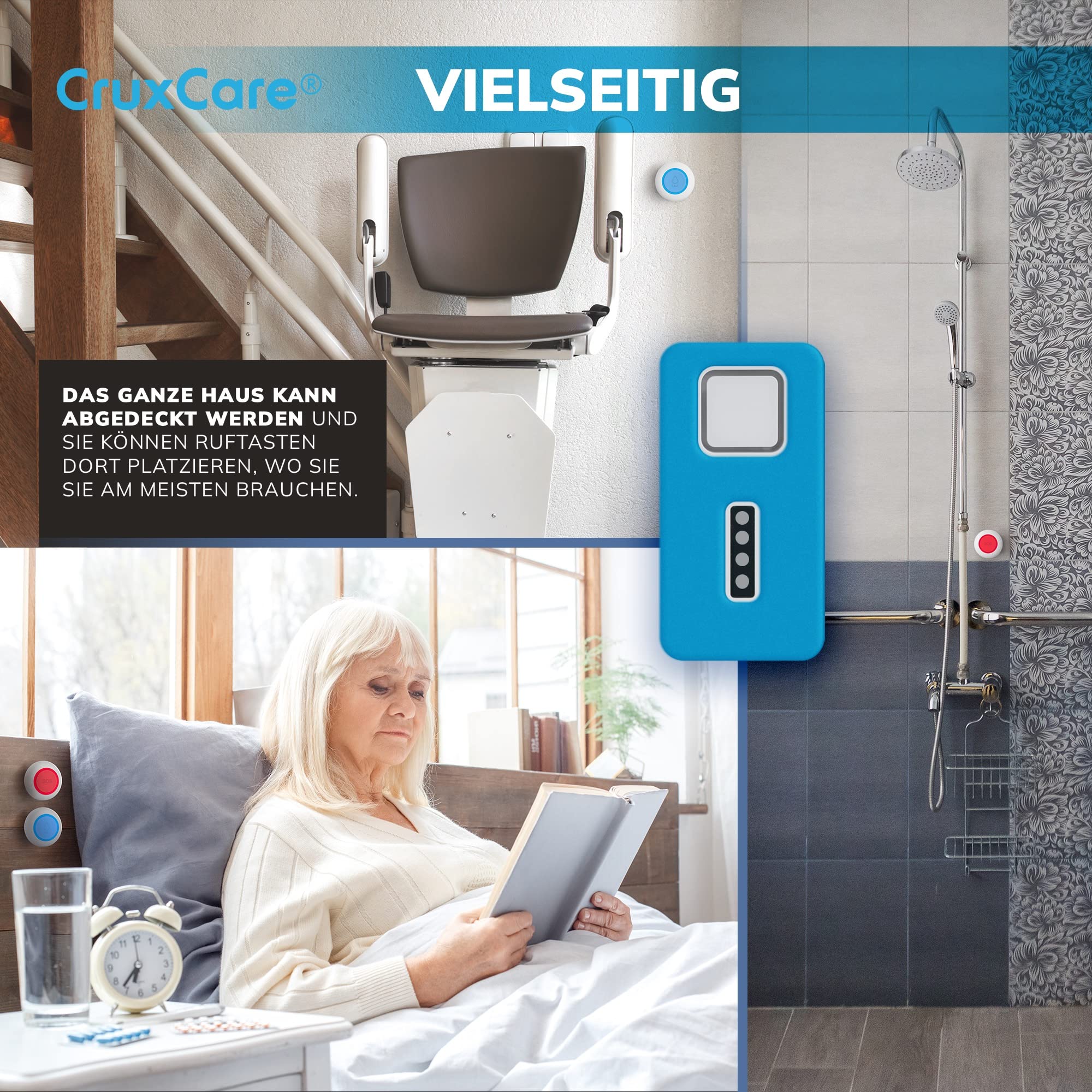 CruxCare C1 Pager mit 2 Ruftasten - Notrufknopf für Senioren mit Piepser - 2 Notruftasten & 1 Funkempfänger - Hausnotruf intern