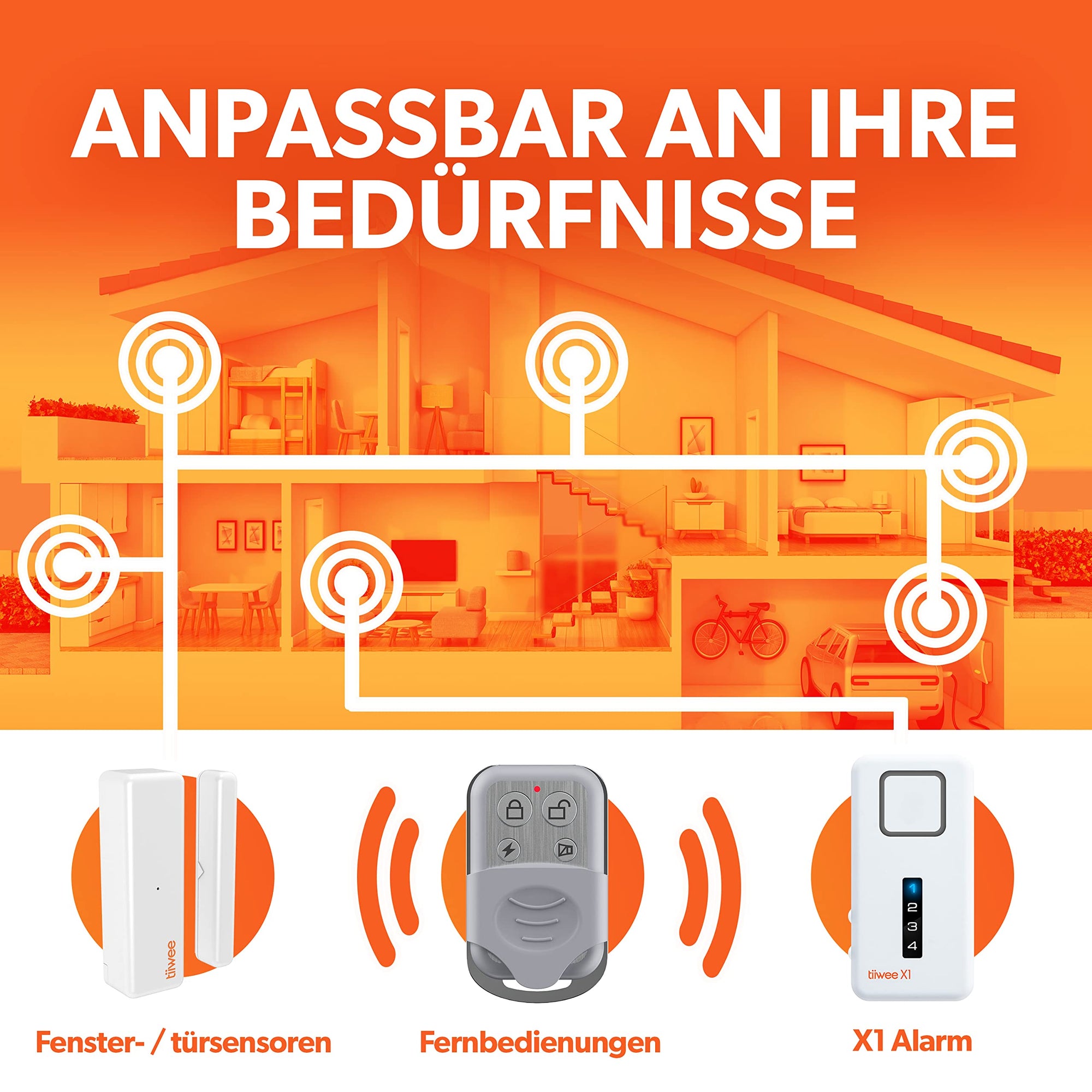 tiiwee Home Alarm System Wireless Kit X1 - Komplette Alarmanlage mit X1-Sirene, 2 Fenster Tür Sensoren und 2 Fernbedienungen - Fensteralarm Türalarm